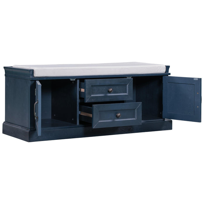 TREXM Storage Bench with 2 Drawers and 2 Cabinets, Shoe Bench with Removable Cushion for Living Room, Entryway (Antique Navy)