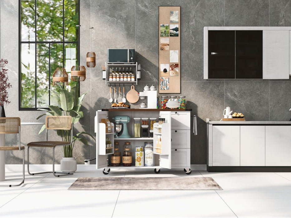 54.5" Farmhouse Kitchen Island with Power Outlet, Kitchen Storage Island with Internal Storage Rack, Drop Leaf, Spice Rack, Rolling Kitchen Cart on Wheels, for Home, Kitchen and Dining Room,White - DTYStore