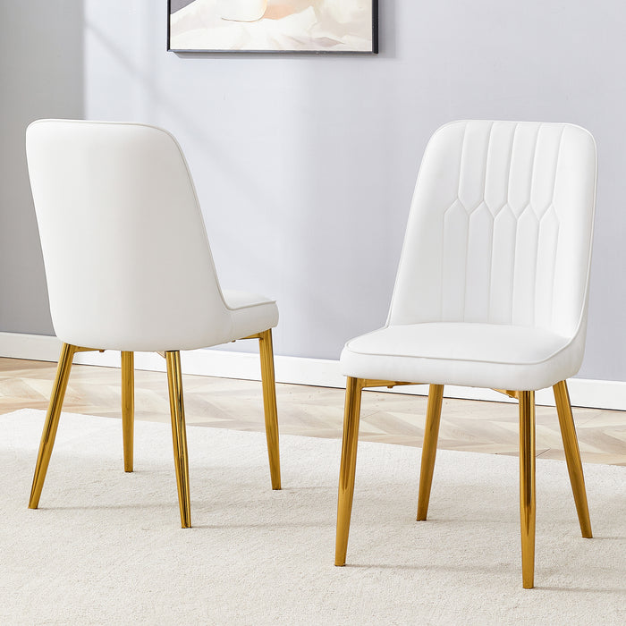 2 modern dining chairs, sleek PU leather backrest, and gold metal legs bring a comfortable home experience to the kitchen, bedroom, and office.W1151P183322 - DTYStore