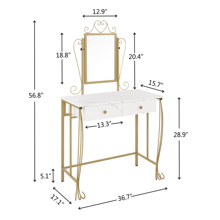 Vanity Mirror Table Set, Makeup Desk Vanity with Stool, Vintage Bedroom Vanity Lots Storage Dressing Table White for Women and Girls