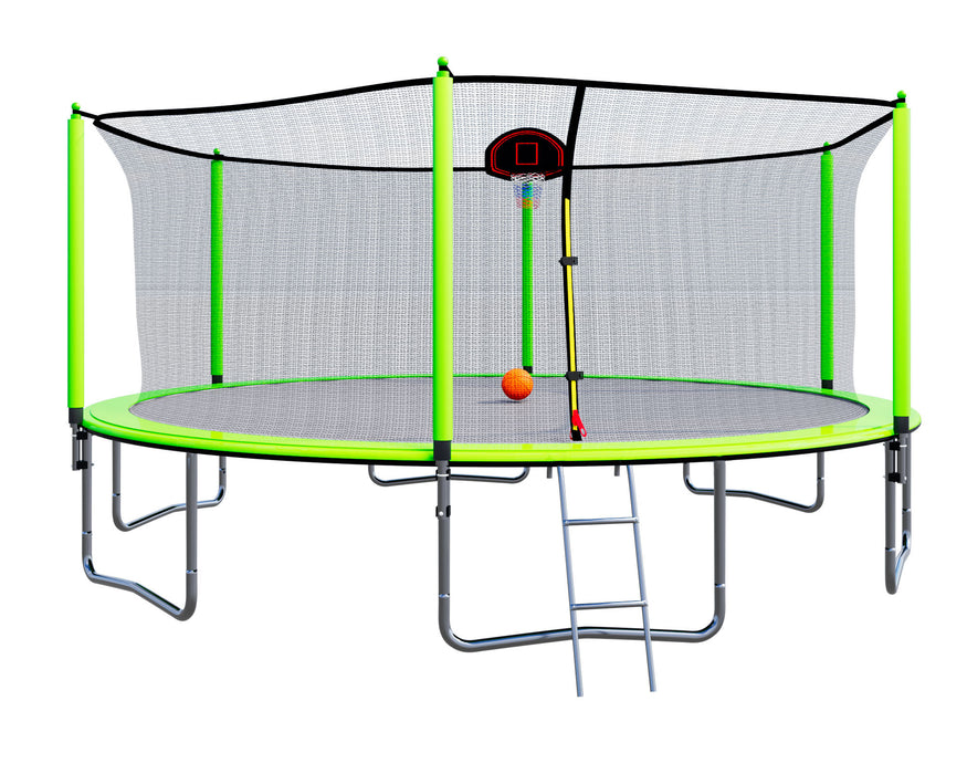 15FT Trampoline with Basketball Hoop Inflator and Ladder(Inner Safety Enclosure) Green - DTYStore