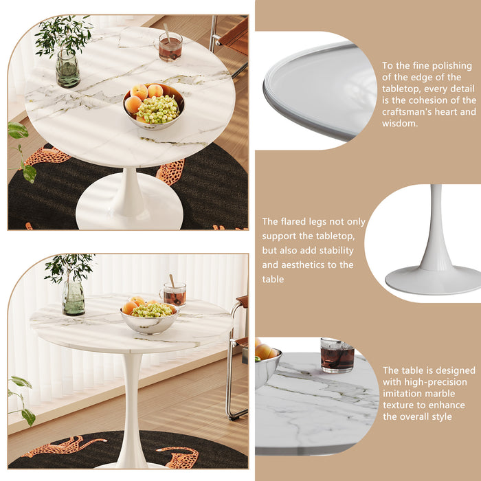 31.4 "round dining table, medieval white marble patterned tulip dining table, 2-3 person metal base dining table, easy to assemble casual coffee table, office desk - DTYStore