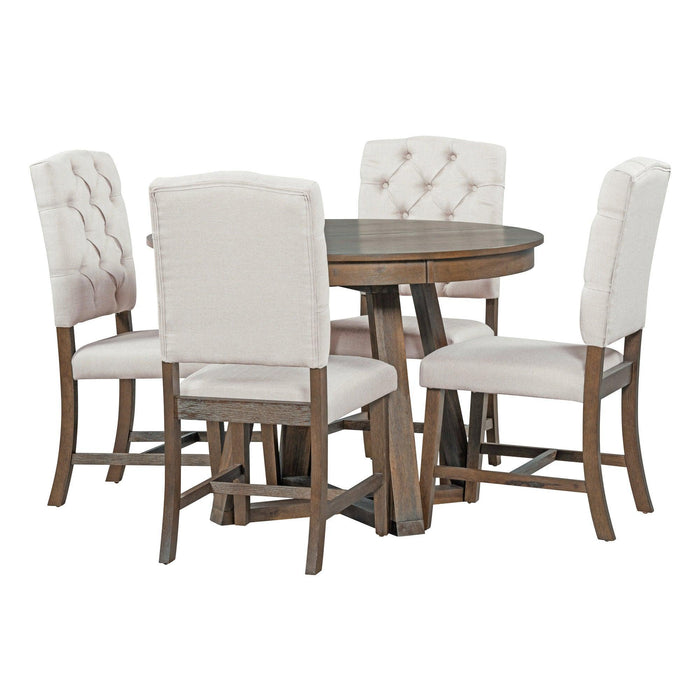 5-Piece Retro Functional Dining Set, Round Table with 16"W Leaf and 4 Upholstered Chairs