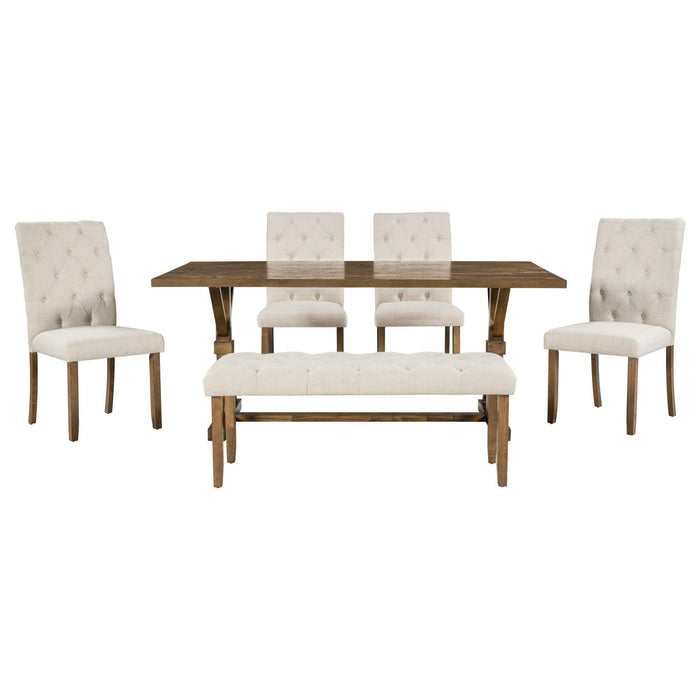 6-Piece Farmhouse Dining Table Set 72" Wood Rectangular Table with Upholstered Chairs and Bench