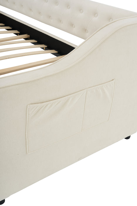 Twin Size Upholstered Daybed with Storage Drawers, Solid Wood Sofábed Bed Frame with Velvet Fabric & Wood Slat Support for Bedroom, Living Room, Office,Beige - DTYStore
