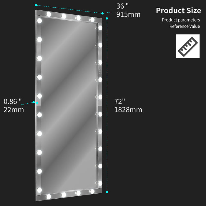 Hollywood LED Full Body Mirror with Lights Extra Large Full Length Vanity Mirror with 3 Color Mode Lights, Vertical Horizontal Hanging Aluminum Framed Mirror, 72 x 36 Inch, Silver