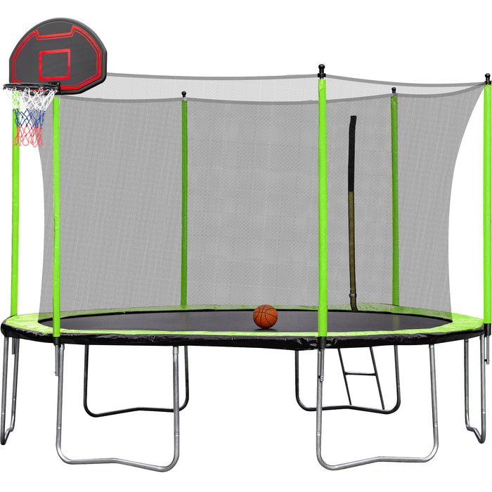 14FT Trampoline with Basketball Hoop Inflator and Ladder(Inner Safety Enclosure) Green - DTYStore