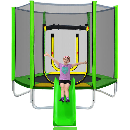 7FT Trampoline for Kids with Safety Enclosure Net, Slide and Ladder, Easy Assembly Round Outdoor Recreational Trampoline - DTYStore