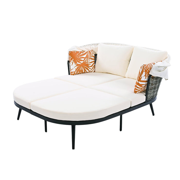 TOPMAX 74.8" L Patio Daybed with Retractable Canopy, Outdoor Rattan PE Wicker Back Loveseat Sofa Set with Throw Pillows and Cushions for Backyard, Poolside, Garden, Beige