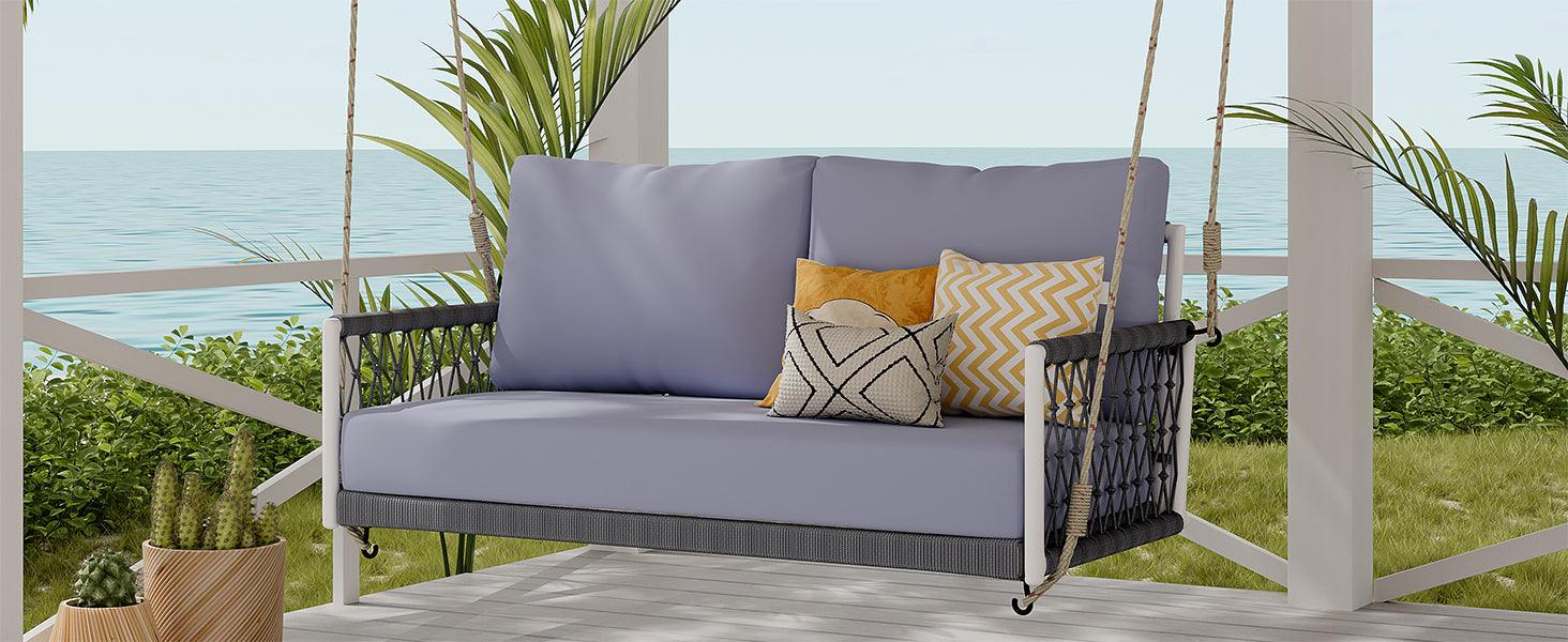 1-Piece Woven Rope Outdoor Swing Sofa with Soft Cushions Seating 2 for Patio, Courtyard and Balcony (Light Grey)