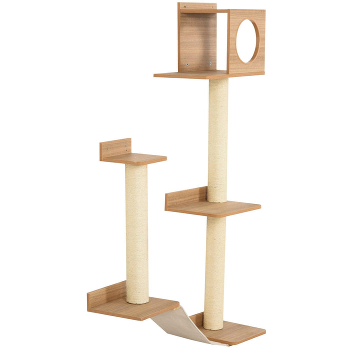 Wall-Mounted Multi-Level Cat Tree Activity Tower with Sisal-Covered Scratching Posts & an Interior Condo Area