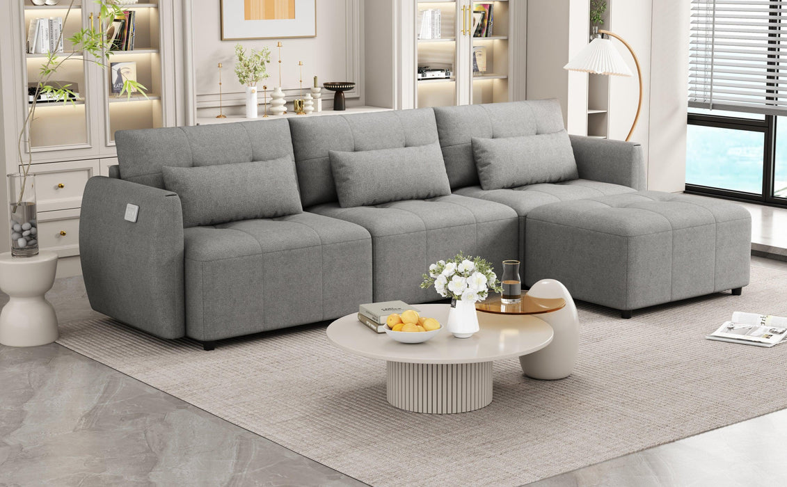 113.3" Convertible Sectional Sofa Couch 3-Seat L-Shaped with Movable Ottoman and USB