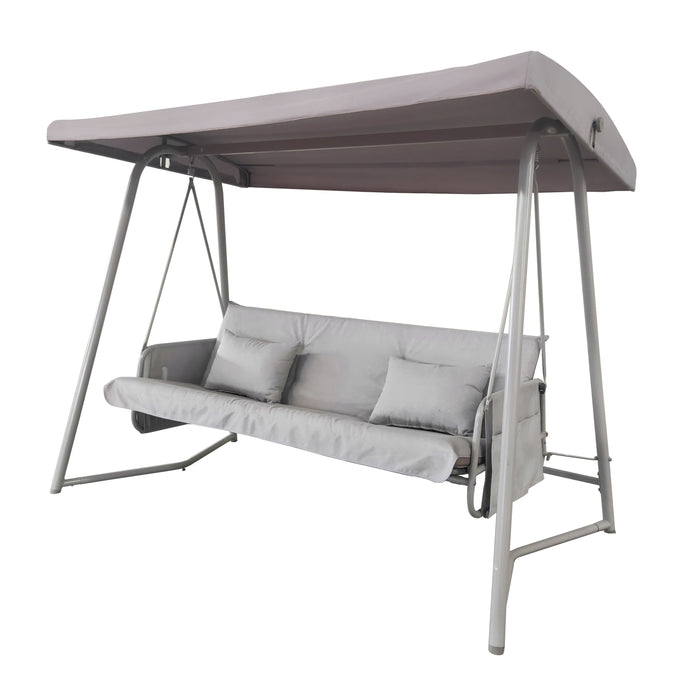 Outdoor Patio 3 seaters Metal Swing Chair Swing bed with Cushion and Adjustable Canopy Champagne Color - DTYStore