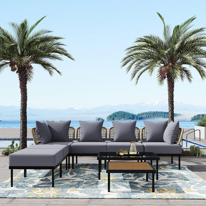 8-Piece Patio Sectional Sofa Set with Tempered Glass and Wooden Coffee Tables for Outdoor Oasis