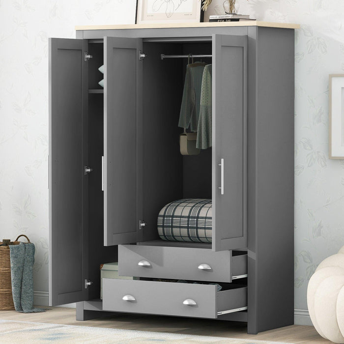 Three Door Storage Wardrobe with Cabinets and Two Hanging Rods,Gray