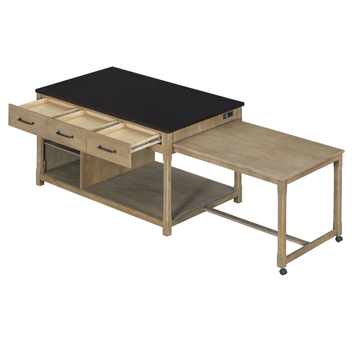 Extendable Kitchen Island with Storage, Multi-Functional Kitchen Cart with Built-In Power Outlets, Retro Kitchen Island on Wheels with Drawers and Open Shelves for Kitchen (Espresso+Natural) - DTYStore
