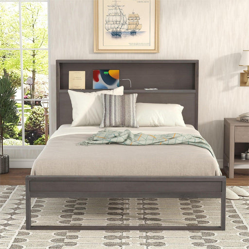 Platform Bed with Storage Headboard,Sockets and USB Ports,Full Size Platform Bed,Antique Gray - DTYStore