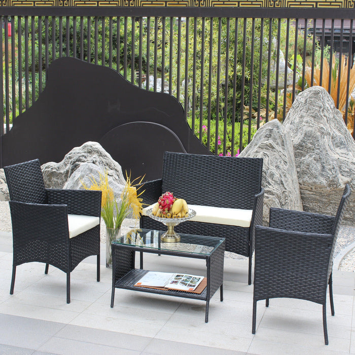 4 PC Rattan Patio Furniture Set Outdoor Patio Cushioned Seat Wicker Sofa (Beige Cushion) - DTYStore