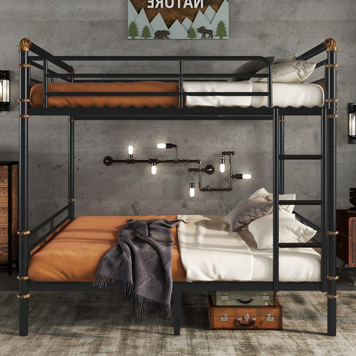 Queen over Queen Metal Bunk Bed, Industrial Detachable Bunkbeds with Safety Guard Rails for Teens, Black(Old SKU W2580S00006) - DTYStore