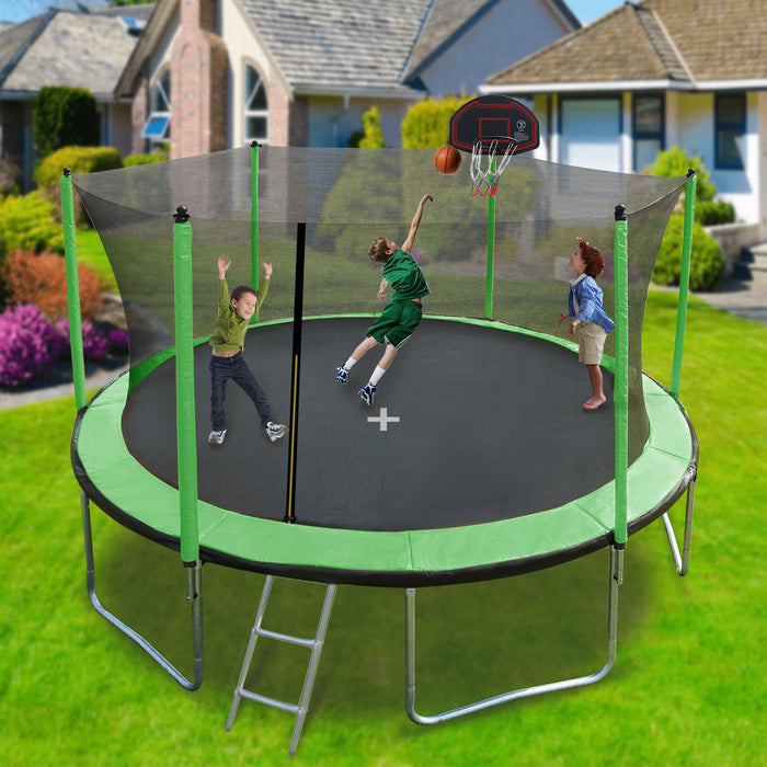 15FT Trampoline with Basketball Hoop Inflator and Ladder(Inner Safety Enclosure) Green - DTYStore