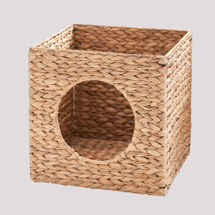 Water Hyacinth Woven Wicker Square Cat Bed Cave - 13" x 13" x 13" - For Small and Medium Cat Breeds and Chihuahua