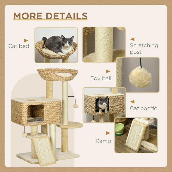 38" Cat Tree for Indoor Cats, Cat Tower with Scratching Posts, Ramp, Condo, Toy Balls, Platform, Bed, Ramp, Beige - DTYStore