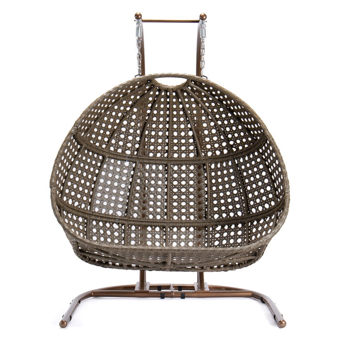 Brown Wicker Hanging Double-Seat Swing Chair with Stand w/Beige Cushion - DTYStore
