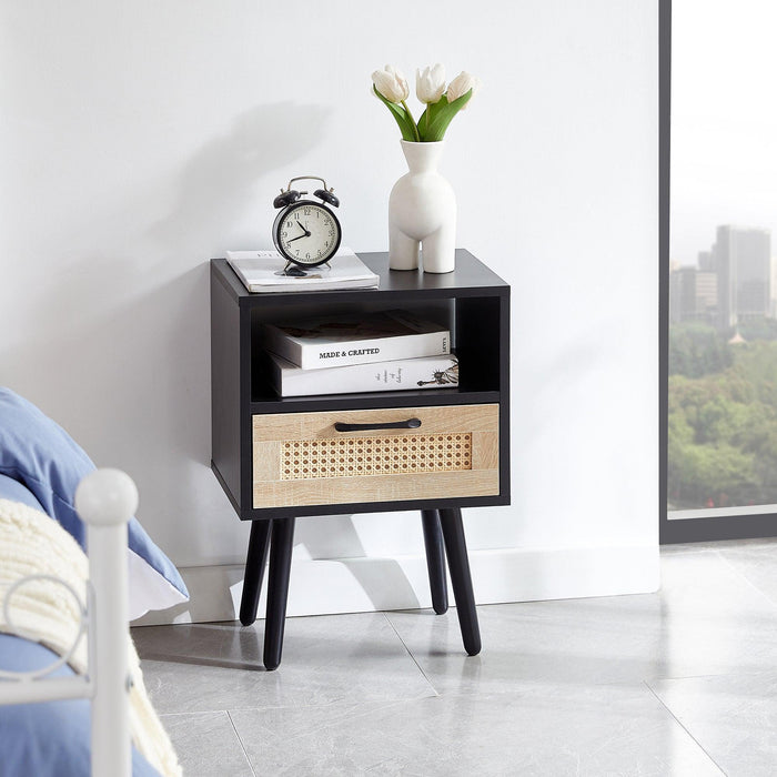 15.75" Rattan End table with drawer and solid wood legs, Modern nightstand, side table for living room, bedroom, black - DTYStore