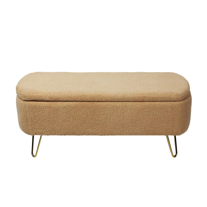 Camel Storage Ottoman Bench for End of Bed Gold Legs, Modern Camel Faux Fur Entryway Bench Upholstered Padded with Storage for Living Room Bedroom