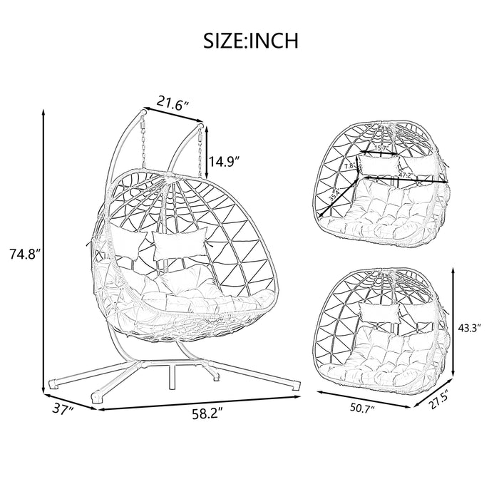 2 Persons Egg Chair with Stand Indoor Outdoor Swing Chair Patio Wicker Hanging Egg Chair Hanging Basket Chair with Stand for Bedroom Living Room Balcony - DTYStore