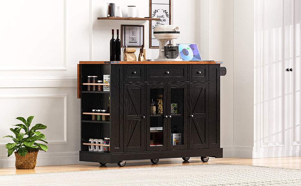 53'' Farmhouse Kitchen Island with Two Tempered Glass Cabinet Doors, Power Outlet, Rolling Kitchen Cart on Wheels with Drop Leaf, 5 Open Side Racks, 3 Drawers, for Kitchen, Dining Room, Black - DTYStore