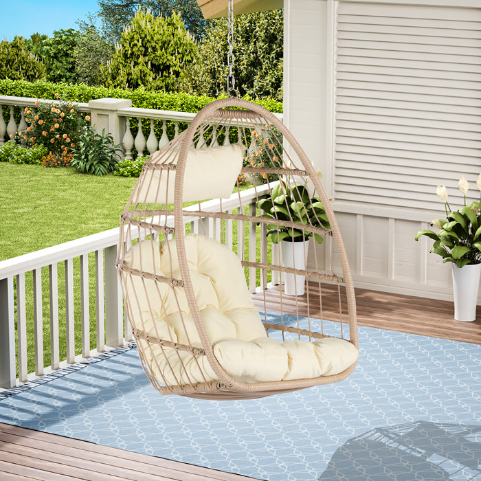 Outdoor Garden Rattan Egg Swing Chair Hanging Chair Wood+Khaki - DTYStore