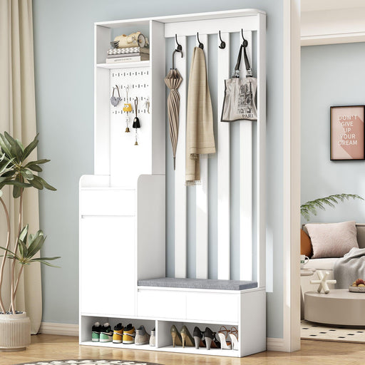 Contemporary 39.3''Wx70.8''H Hall Tree Storage with Cushioned Storage Bench, Multifunctional Hallway Shoe Cabinet with Pegboard, Modern Coat Rack with 4 Hooks for Entryway, Mudroom, White - DTYStore