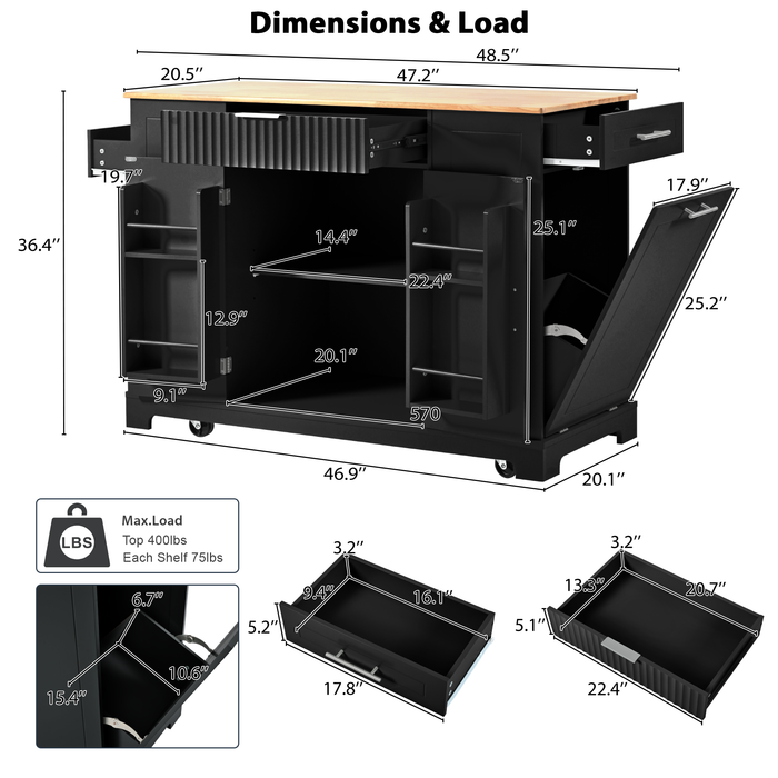 Fluted Kitchen Island with Trash Can Storage Cabinet, Power Outlet, Internal Storage Rack, Rolling Kitchen Islands on 5 Wheels with 3 Drawer, 3 Open Side Racks for 10 Gallon Garbage Bin, Black - DTYStore