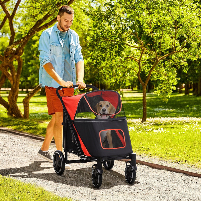 One-Click Foldable Doggy Stroller for Medium Large Dogs, Pet Stroller with Storage, Smooth Ride with Shock Absorption, Mesh Window, Safety Leash, Big Dog Walking Stroller, Red - DTYStore