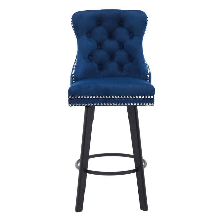 Modern Swivel Bar Stools Velvet Barstools Button Tufted Bar Stools Rivet Trim Bar Stools for Kitchen Island,Bistro, with Metal Pull Ring Sturdy Footrest Large Backrest for Home Bar,Navy Blue 1pc - DTYStore