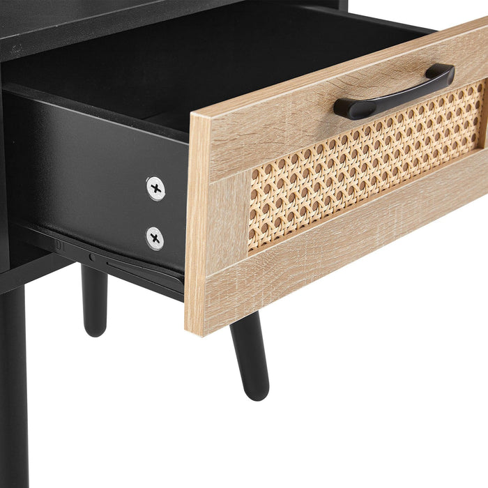 15.75" Rattan End table with drawer and solid wood legs, Modern nightstand, side table for living room, bedroom, black - DTYStore