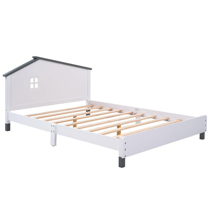 Full Size Wood Platform Bed with House-shaped Headboard (White+Gray)