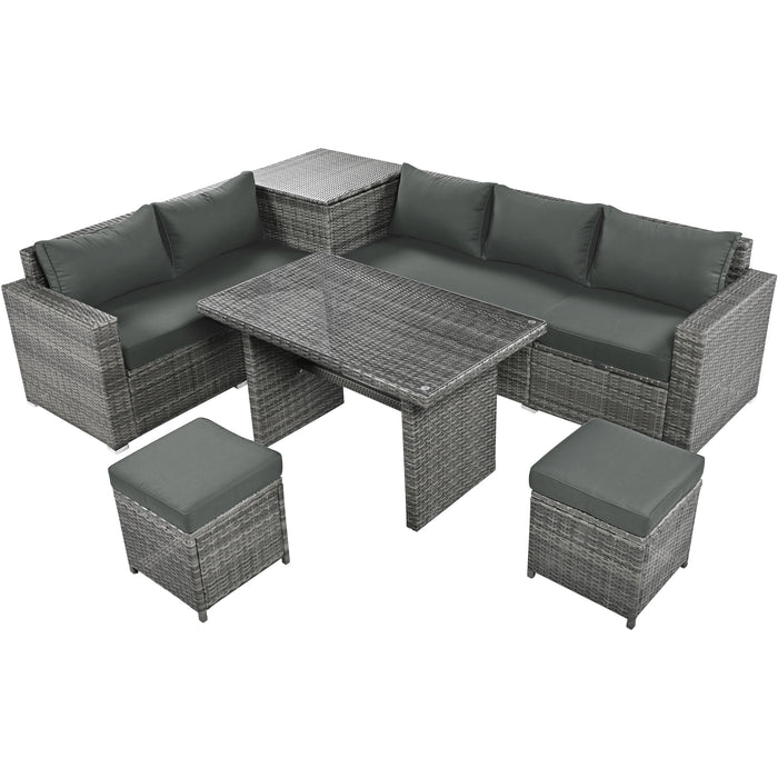 Outdoor 6-Piece All Weather PE Rattan Sofa Set, Garden Patio Wicker Sectional Furniture Set with Adjustable Seat, Storage Box, Removable Covers and Tempered Glass Top Table,Grey - DTYStore