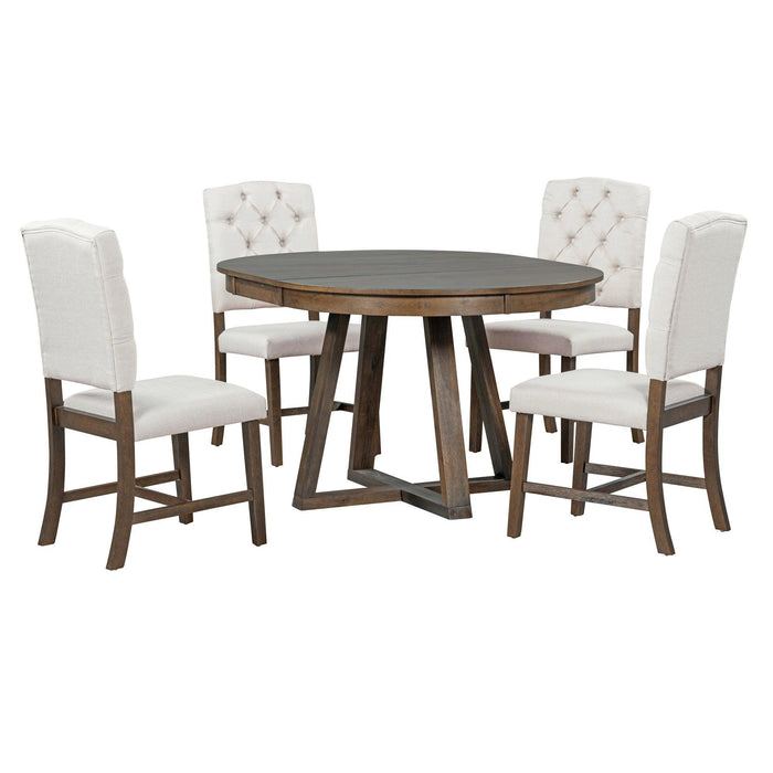 5-Piece Retro Functional Dining Set, Round Table with 16"W Leaf and 4 Upholstered Chairs