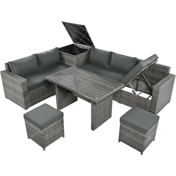Outdoor 6-Piece All Weather PE Rattan Sofa Set, Garden Patio Wicker Sectional Furniture Set with Adjustable Seat, Storage Box, Removable Covers and Tempered Glass Top Table,Grey - DTYStore