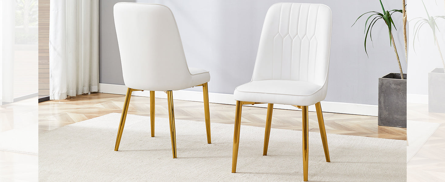 2 modern dining chairs, sleek PU leather backrest, and gold metal legs bring a comfortable home experience to the kitchen, bedroom, and office.W1151P183322 - DTYStore