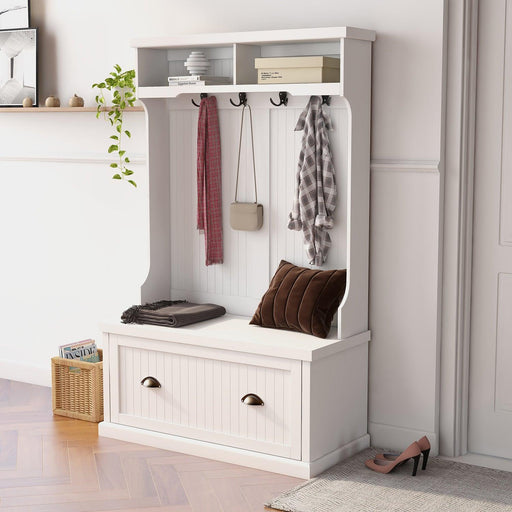 Entryway hall tree with coat rack 4 hooks and storage bench shoe cabinet white - DTYStore