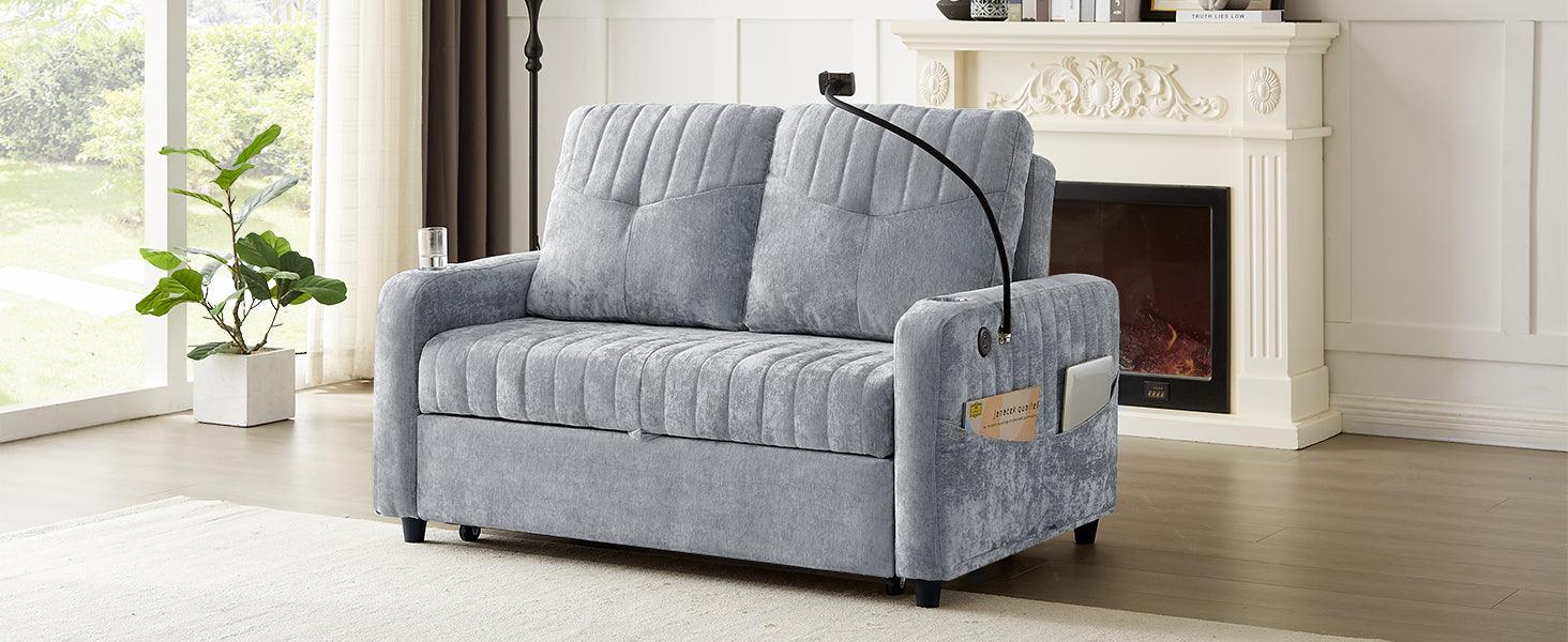 53.9" Modern Loveseat Pull-out Sofa Bed with Adjustable Backrest, Two Cup Holders , a Phone Holder, Three Charging Ports and Side Storage Pockets for Living Room, Grey