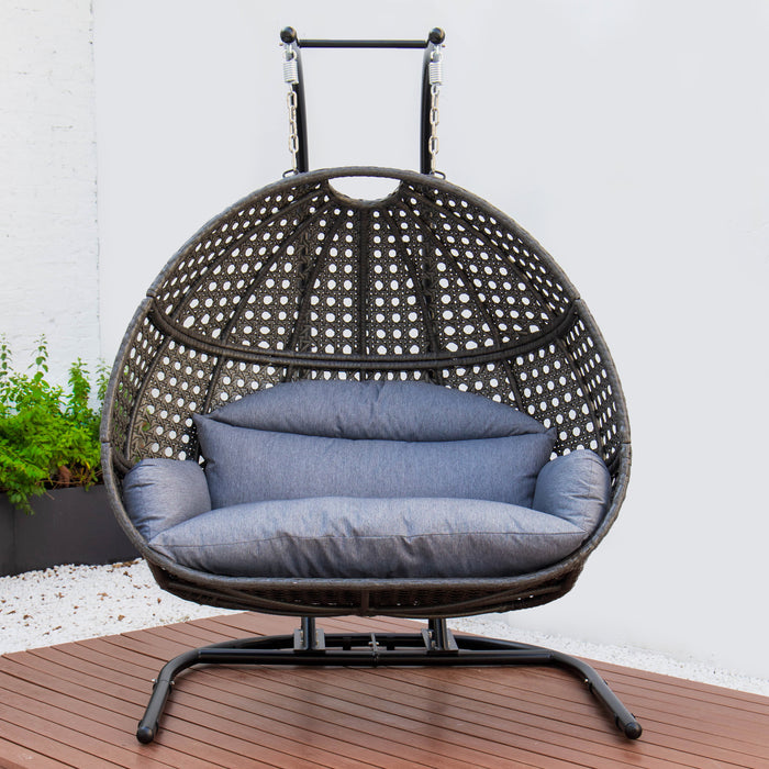 Charcoal Wicker Hanging Double-Seat Swing Chair with Stand w/Dust Blue Cushion - DTYStore