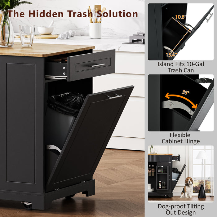 Fluted Kitchen Island with Trash Can Storage Cabinet, Power Outlet, Internal Storage Rack, Rolling Kitchen Islands on 5 Wheels with 3 Drawer, 3 Open Side Racks for 10 Gallon Garbage Bin, Black - DTYStore