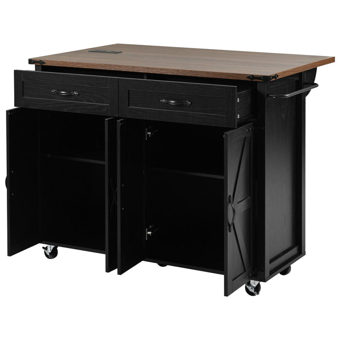 K&K 53.5''Farmhouse Kitchen Island with Power Outlet, Kitchen Storage Island with Drop Leaf, Spice Rack and Drawer, Rolling Kitchen Cart on Wheels, for Home, Kitchen and Dining Room, Black