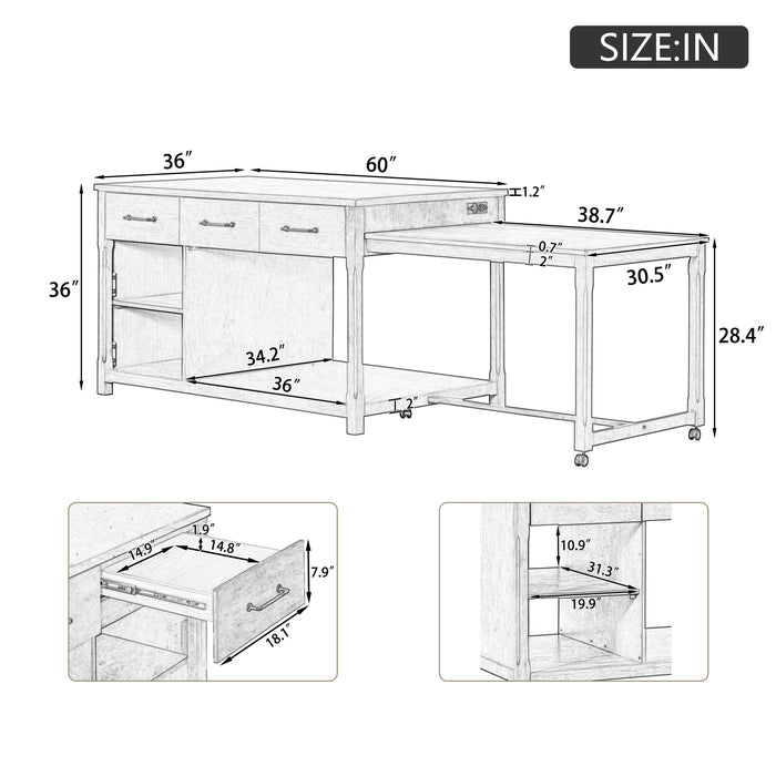 Extendable Kitchen Island with Storage, Multi-Functional Kitchen Cart with Built-In Power Outlets, Retro Kitchen Island on Wheels with Drawers and Open Shelves for Kitchen (Espresso+Natural) - DTYStore