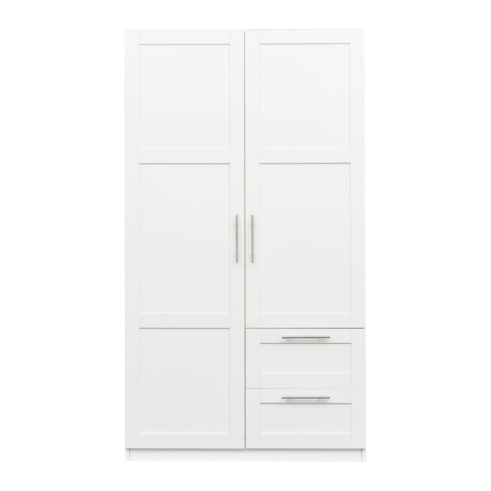 High wardrobe and kitchen cabinet with 2 doors, 2 drawers and 5 storage spaces,white