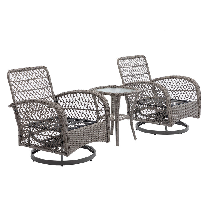 3 Pieces Outdoor Swivel Rocker Patio Chairs, 360 Degree Rocking Patio Conversation Set with Thickened Cushions and Glass Coffee Table for Backyard, Grey - DTYStore
